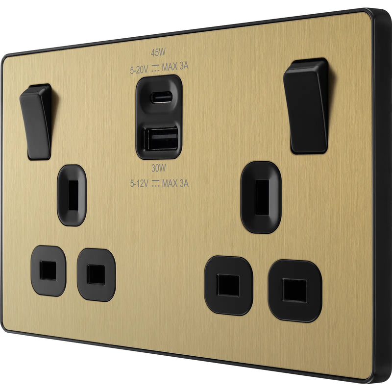 BG Electrical Evolve Satin Brass - Double switched single pole, with USB A + C (45W)