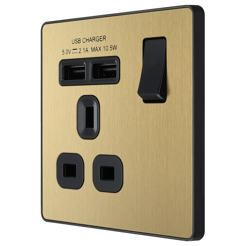 BG Electrical Evolve Satin Brass - Single, switched, single pole, with 2 x USB A