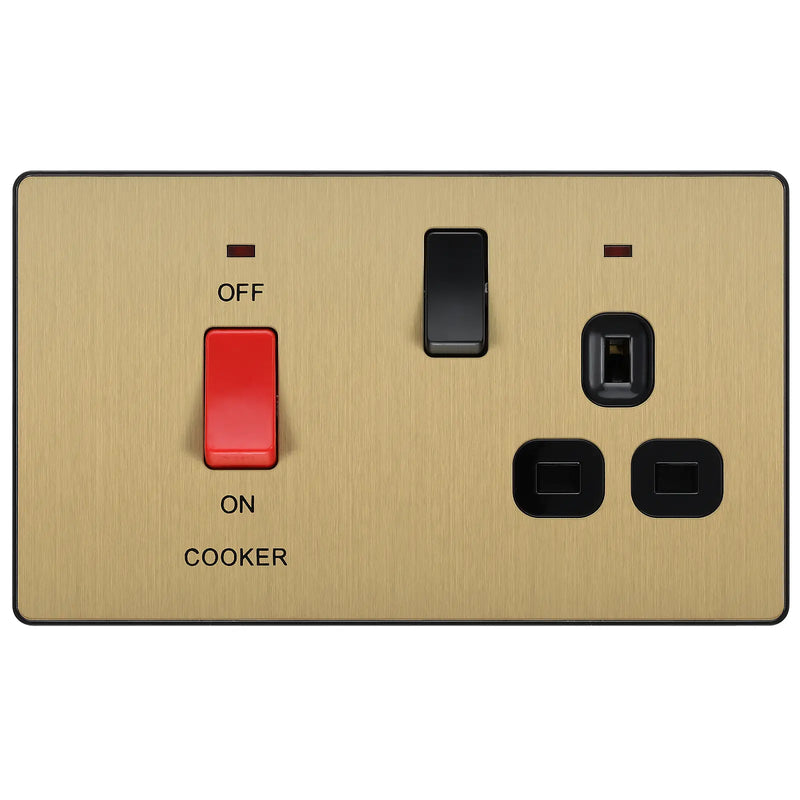 BG Electrical Evolve Satin Brass - 45A double pole with switched socket and indicators