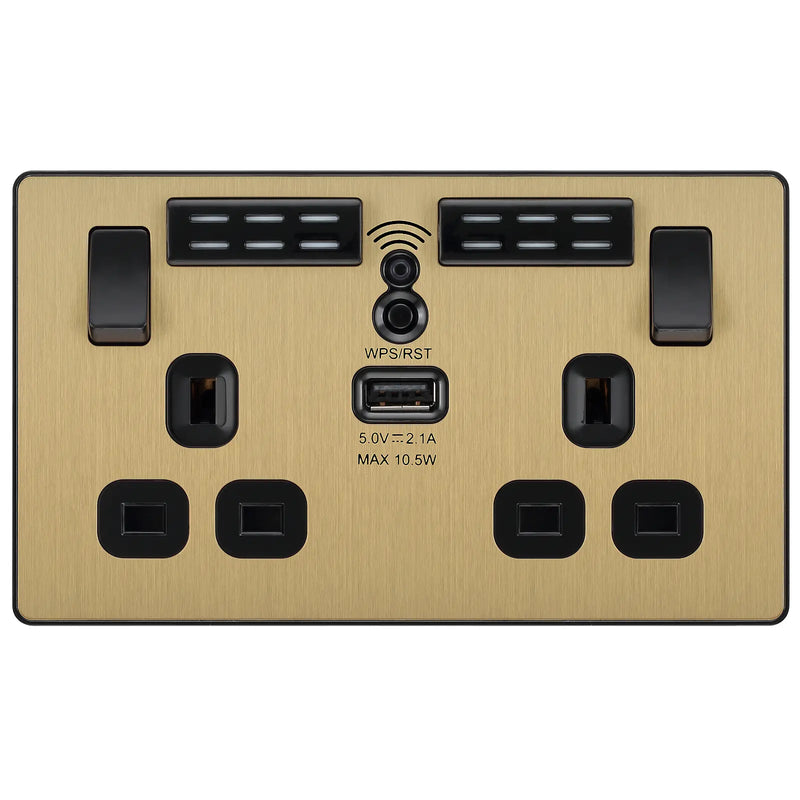 BG Electrical Evolve Satin Brass - Double, switched, single pole, WiFi Extender + USB A