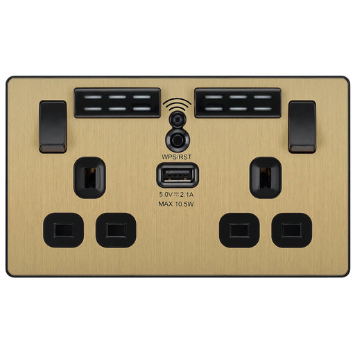 BG Electrical Evolve Satin Brass - Double, switched, single pole, WiFi Extender + USB A