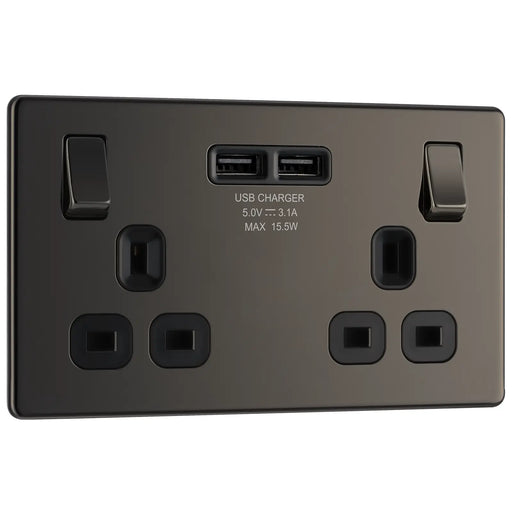 BG Electrical Flatplate Screwless Black Nickel - Double switched single pole, with 2 x USB A