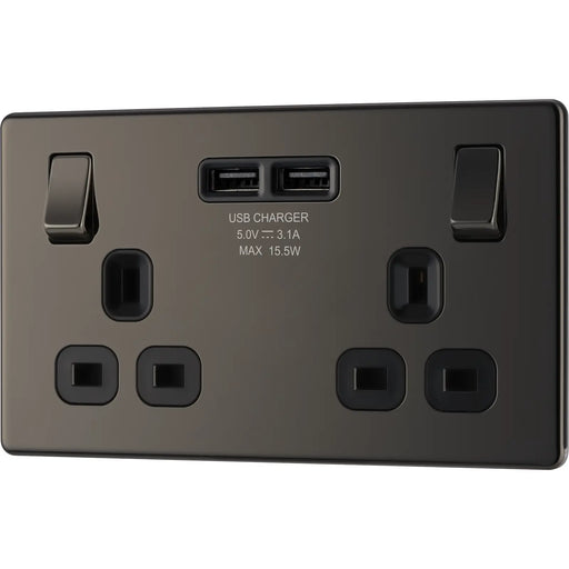 BG Electrical Flatplate Screwless Black Nickel - Double switched single pole, with 2 x USB A