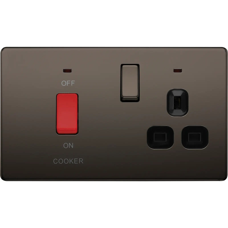 BG Electrical Flatplate Screwless Black Nickel - 45A double pole with switched socket and indicators