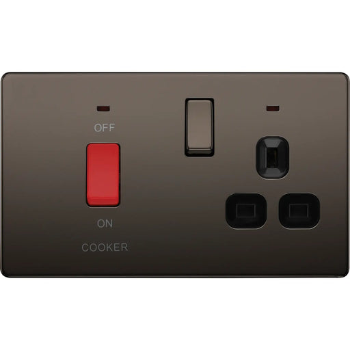 BG Electrical Flatplate Screwless Black Nickel - 45A double pole with switched socket and indicators