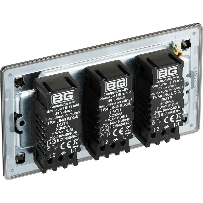 BG Electrical Flatplate Screwless Black Nickel - Triple 2 way push 200W