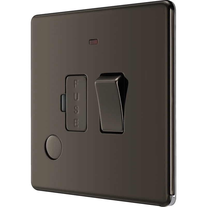 BG Electrical Flatplate Screwless Black Nickel - Switched and fused with indicator and flex outlet