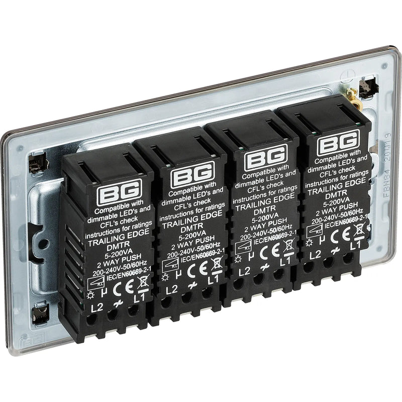 BG Electrical Flatplate Screwless Black Nickel - Quadruple, 2 way push 200W