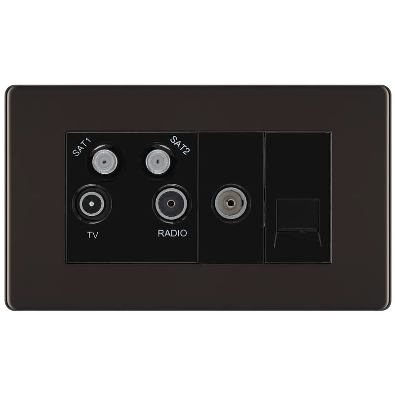 BG Electrical Flatplate Screwless Black Nickel - Quadplex 2 x sat, BT outlet and co-ax returned - screened