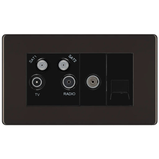 BG Electrical Flatplate Screwless Black Nickel - Quadplex 2 x sat, BT outlet and co-ax returned - screened