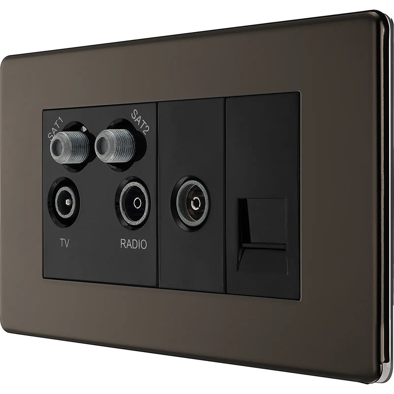 BG Electrical Flatplate Screwless Black Nickel - Quadplex 2 x sat, BT outlet and co-ax returned - screened