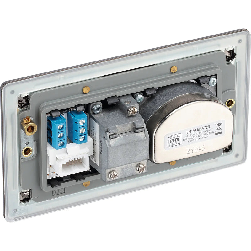 BG Electrical Flatplate Screwless Black Nickel - Quadplex 2 x sat, BT outlet and co-ax returned - screened