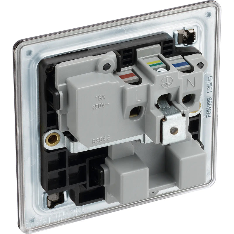 BG Electrical Flatplate Screwless Black Nickel - 15A single, switched, round pin