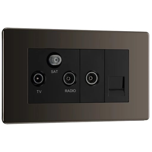 BG Electrical Flatplate Screwless Black Nickel - Triplex with BT outlet and co-axial return - screened