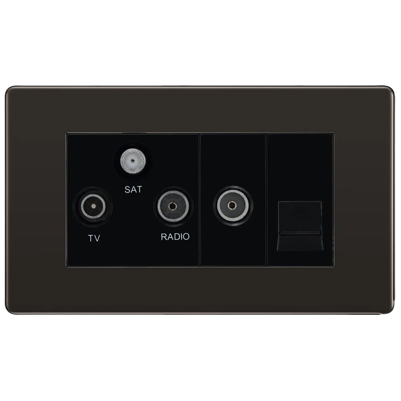 BG Electrical Flatplate Screwless Black Nickel - Triplex with BT outlet and co-axial return - screened