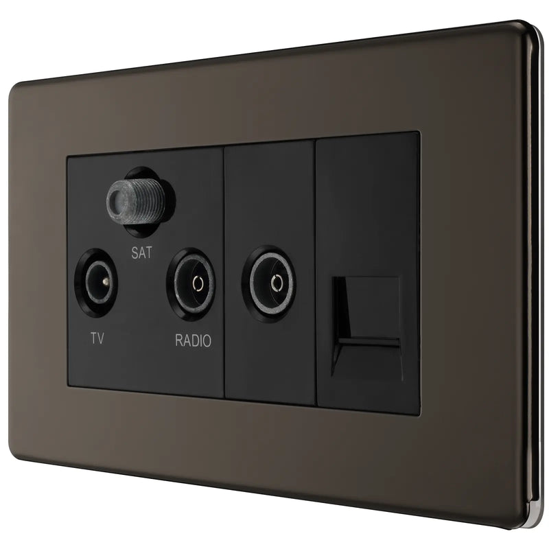 BG Electrical Flatplate Screwless Black Nickel - Triplex with BT outlet and co-axial return - screened