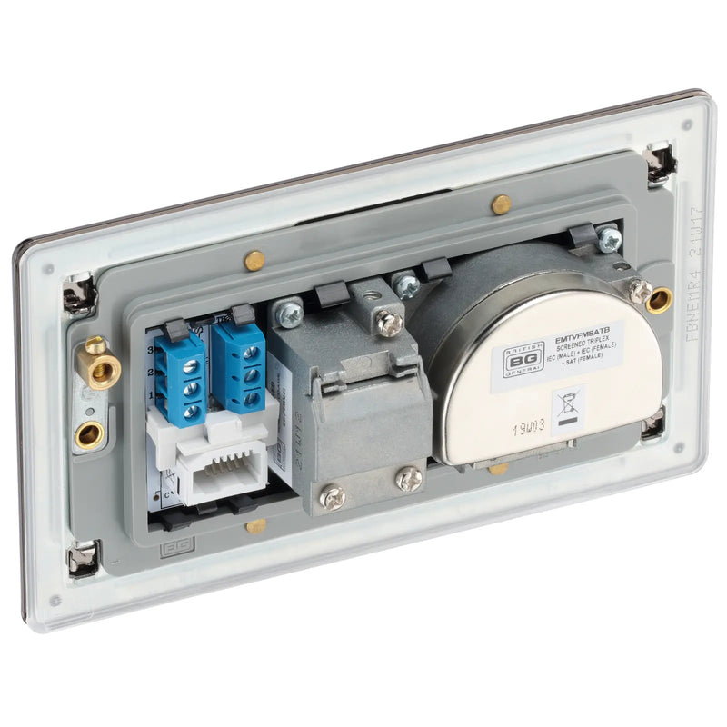 BG Electrical Flatplate Screwless Black Nickel - Triplex with BT outlet and co-axial return - screened
