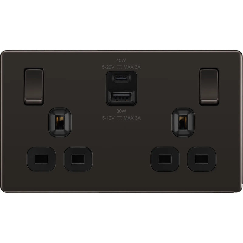 BG Electrical Flatplate Screwless Black Nickel - Double switched single pole, with USB A + C (45W)