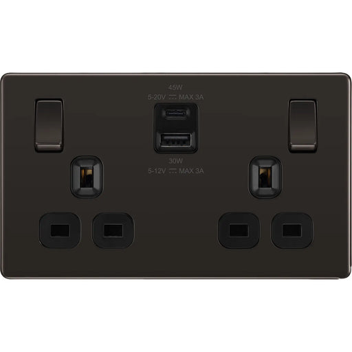 BG Electrical Flatplate Screwless Black Nickel - Double switched single pole, with USB A + C (45W)