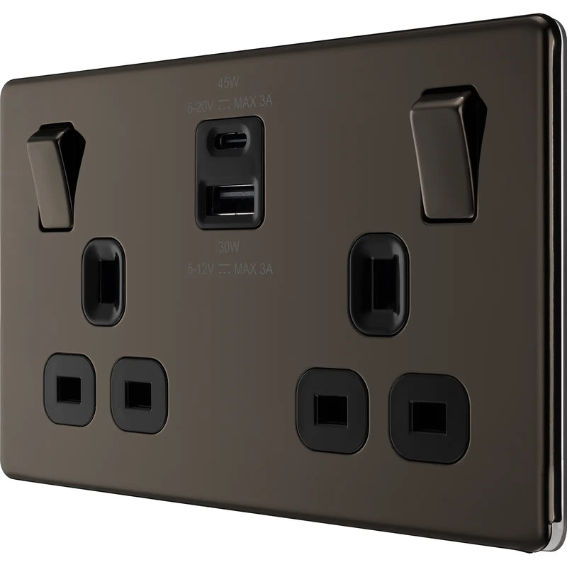 BG Electrical Flatplate Screwless Black Nickel - Double switched single pole, with USB A + C (45W)