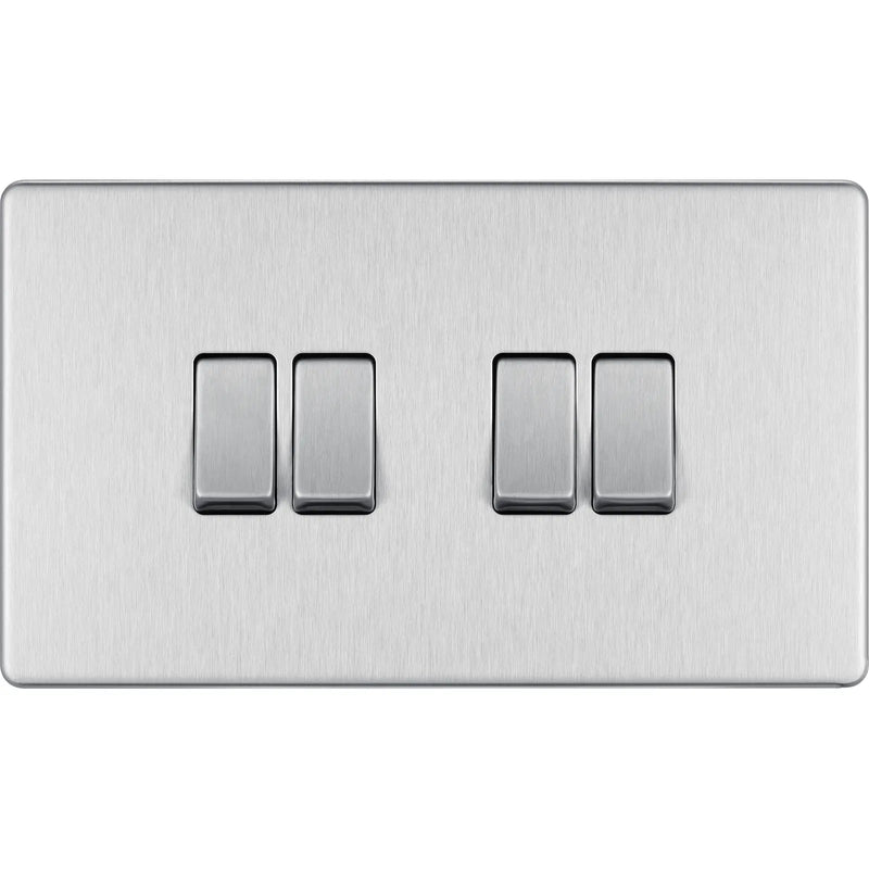 BG Electrical Flatplate Screwless Brushed Steel - Quadruple, 2 way switch