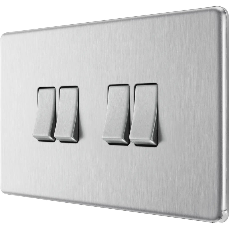 BG Electrical Flatplate Screwless Brushed Steel - Quadruple, 2 way switch