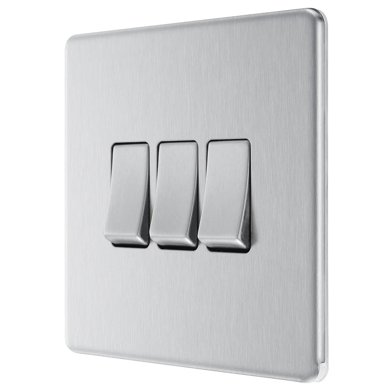 BG Electrical Flatplate Screwless Brushed Steel - Triple, 2 way switch