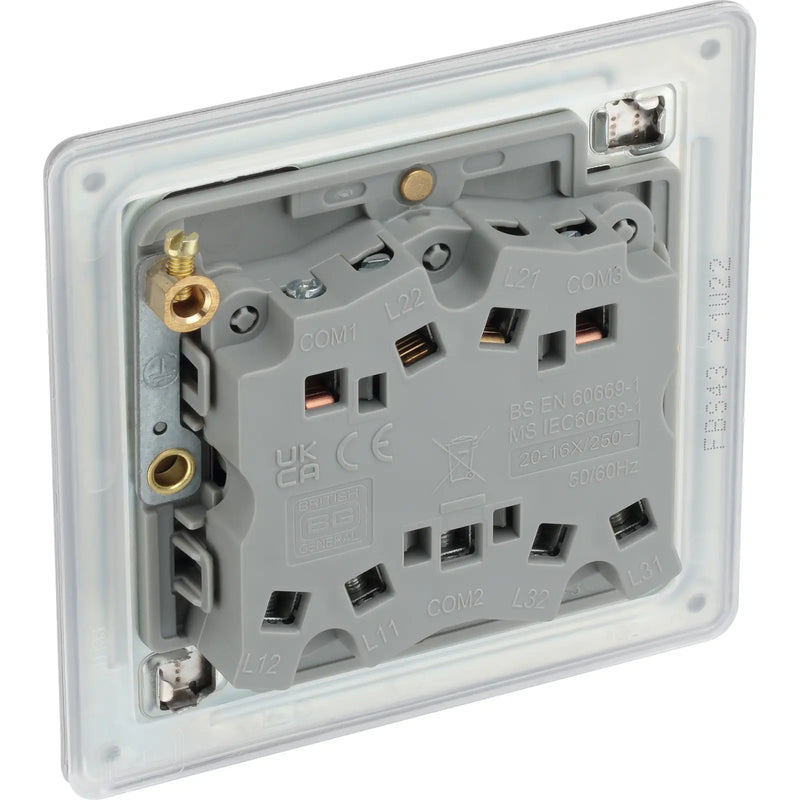 BG Electrical Flatplate Screwless Brushed Steel - Triple, 2 way switch