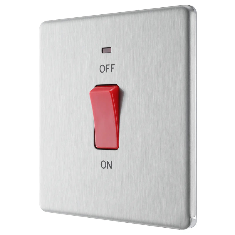 BG Electrical Flatplate Screwless Brushed Steel - 45A, double pole, single plate, with indicator