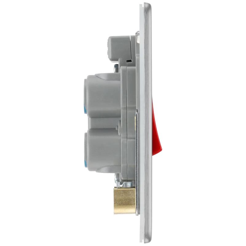 BG Electrical Flatplate Screwless Brushed Steel - 45A, double pole, single plate, with indicator