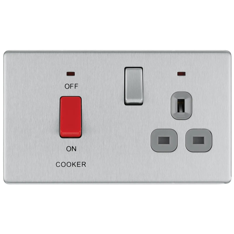 BG Electrical Flatplate Screwless Brushed Steel - 45A double pole, with switched socket and indicators