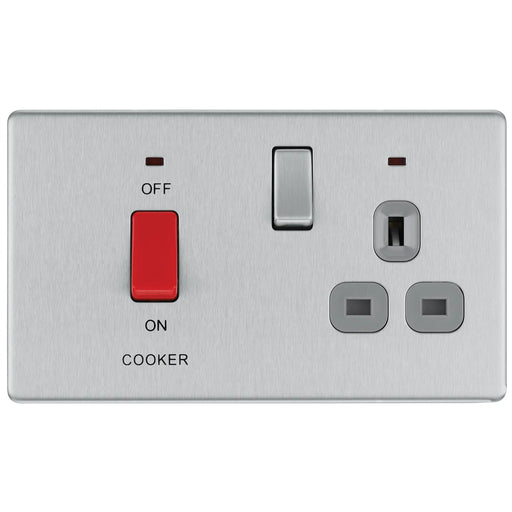 BG Electrical Flatplate Screwless Brushed Steel - 45A double pole, with switched socket and indicators