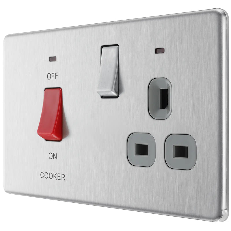 BG Electrical Flatplate Screwless Brushed Steel - 45A double pole, with switched socket and indicators