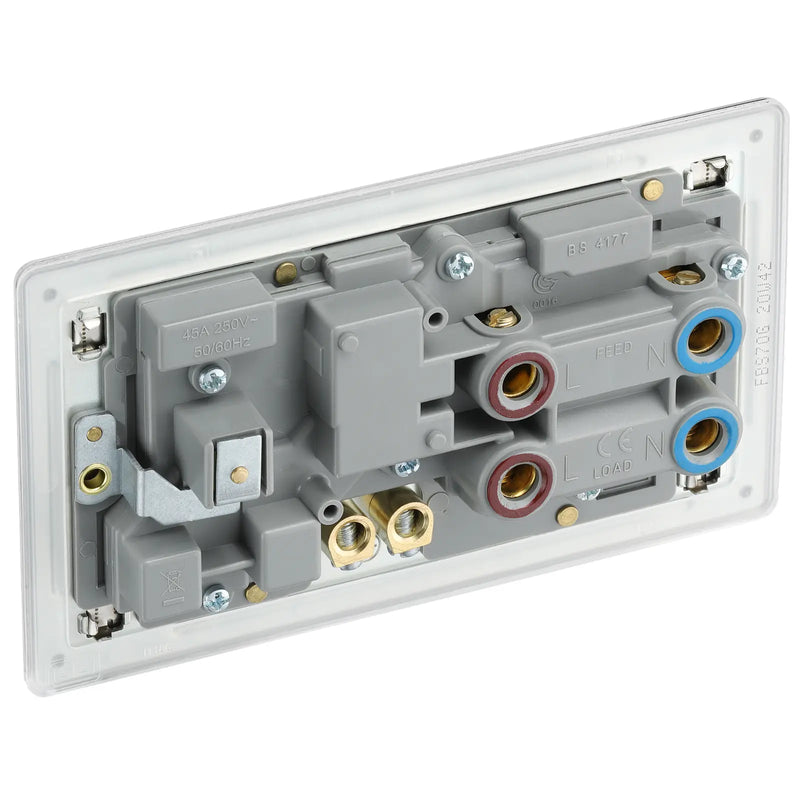 BG Electrical Flatplate Screwless Brushed Steel - 45A double pole, with switched socket and indicators