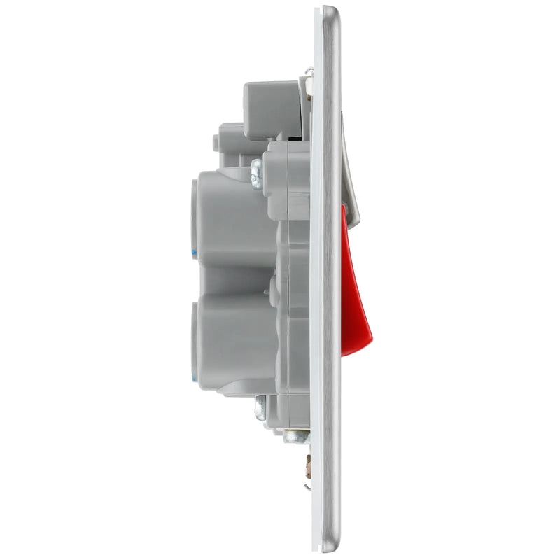 BG Electrical Flatplate Screwless Brushed Steel - 45A double pole, with switched socket and indicators
