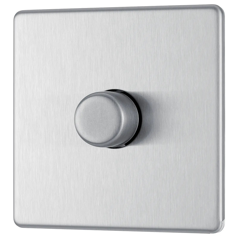 BG Electrical Flatplate Screwless Brushed Steel - Single, 2 way push 200W