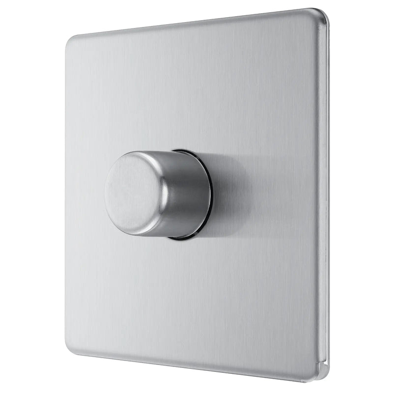 BG Electrical Flatplate Screwless Brushed Steel - Single, 2 way push 200W