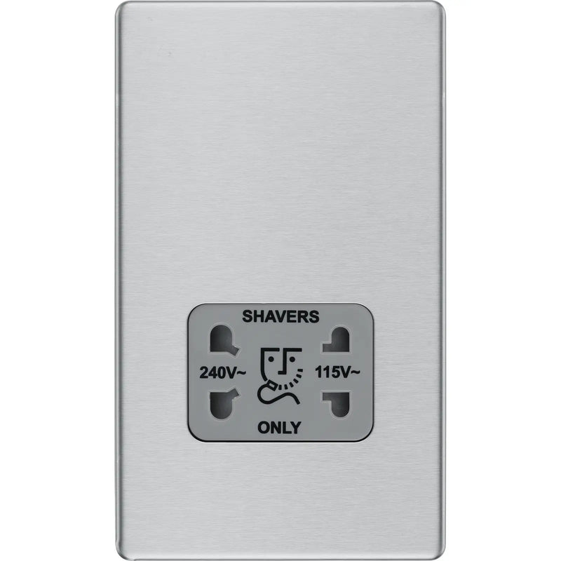 BG Electrical Flatplate Screwless Brushed Steel - 115/240V dual voltage shaver socket
