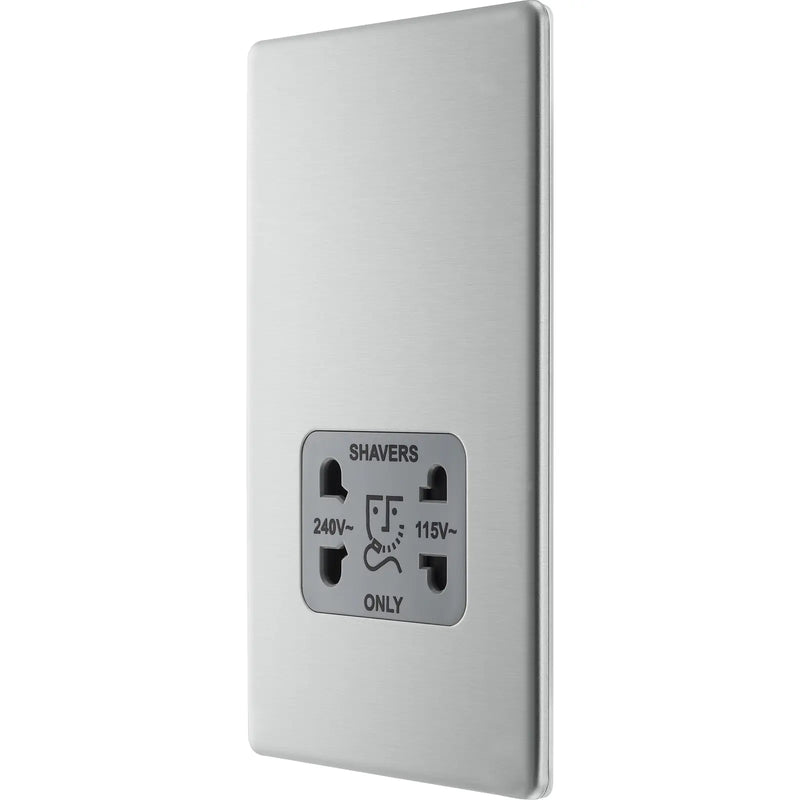 BG Electrical Flatplate Screwless Brushed Steel - 115/240V dual voltage shaver socket