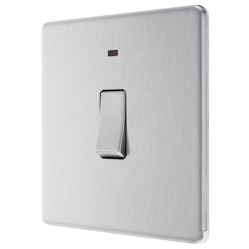 BG Electrical Flatplate Screwless Brushed Steel - 20A, double pole, with indicator