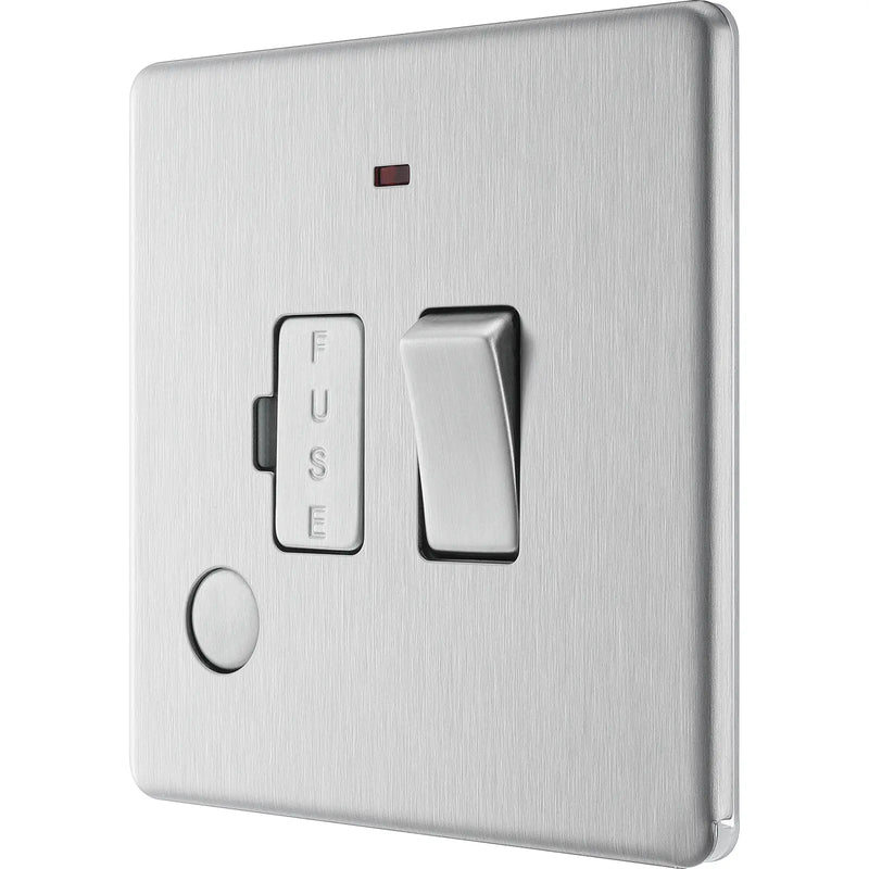 BG Electrical Flatplate Screwless Brushed Steel - Switched and fused with indicator and flex outlet