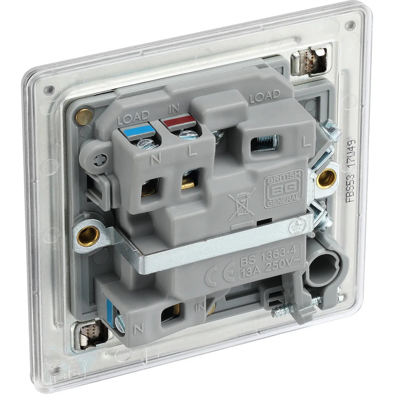 BG Electrical Flatplate Screwless Brushed Steel - Switched and fused with indicator and flex outlet