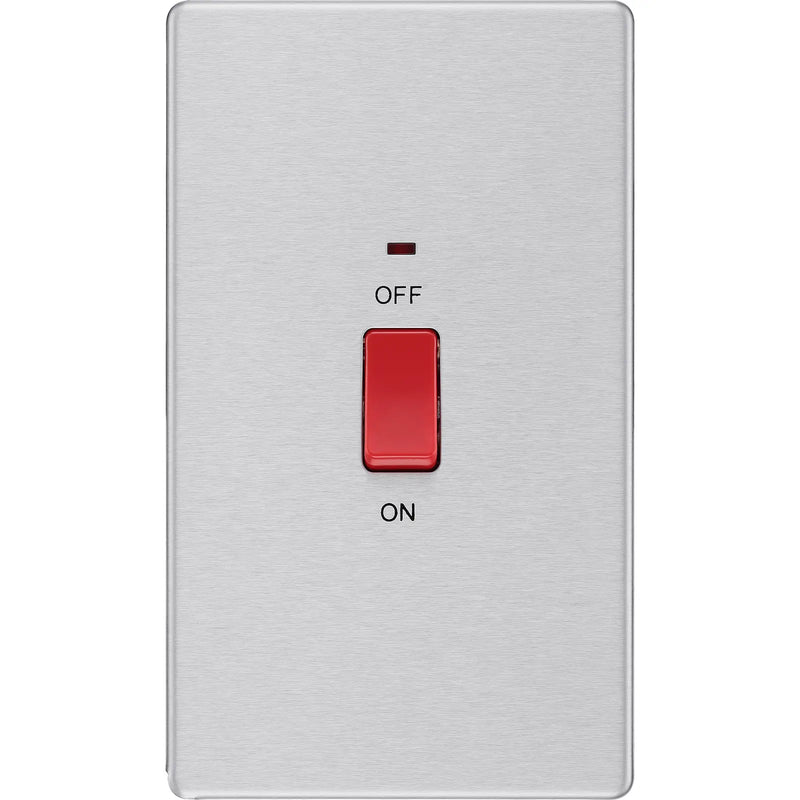 BG Electrical Flatplate Screwless Brushed Steel - 45A, double pole, large plate, with indicator