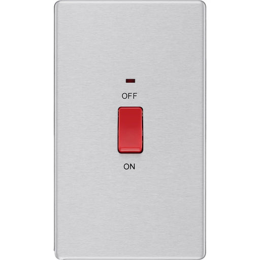 BG Electrical Flatplate Screwless Brushed Steel - 45A, double pole, large plate, with indicator