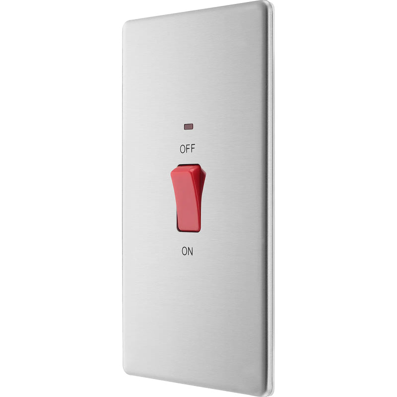BG Electrical Flatplate Screwless Brushed Steel - 45A, double pole, large plate, with indicator