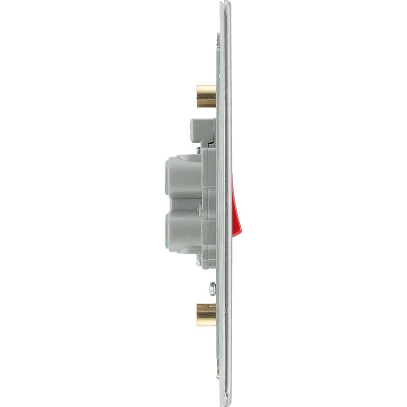 BG Electrical Flatplate Screwless Brushed Steel - 45A, double pole, large plate, with indicator