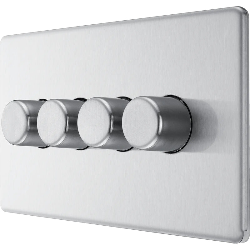 BG Electrical Flatplate Screwless Brushed Steel - Quadruple 2 way push 200W