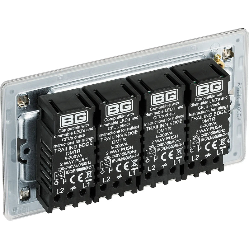 BG Electrical Flatplate Screwless Brushed Steel - Quadruple 2 way push 200W