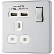 BG Electrical Flatplate Screwless Brushed Steel - Single switched, single pole, with 2 x USB A