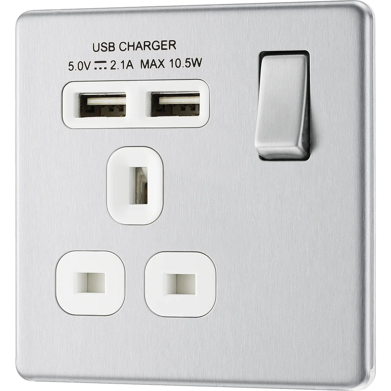 BG Electrical Flatplate Screwless Brushed Steel - Single switched, single pole, with 2 x USB A